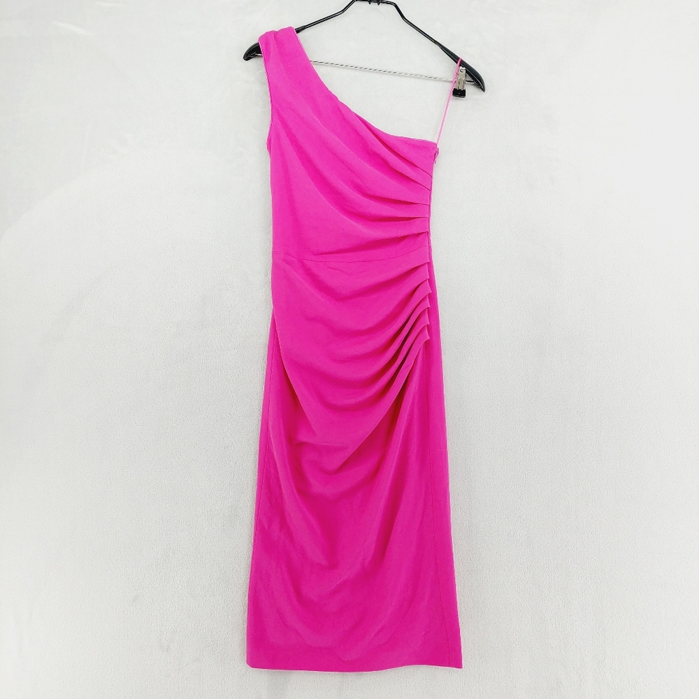 NEW Dress the Population Hot Pink Martine Stretch Crepe One-Shoulder Dress P7066 - Picture 2 of 9